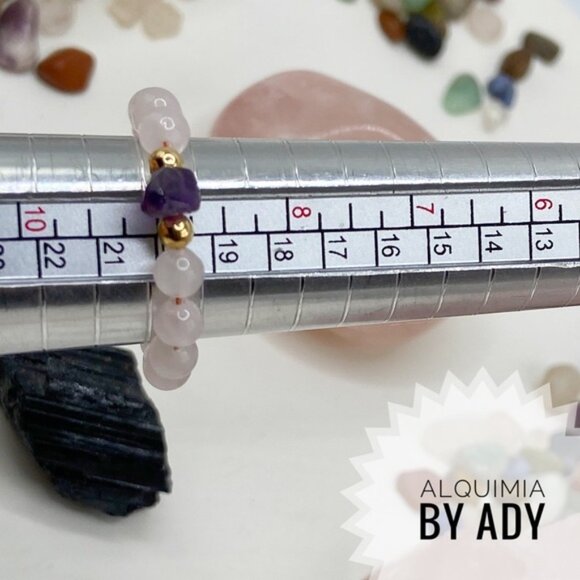 Alquimia Jewelry - Pink quartz purple amethyst beaded charm ring gem ring